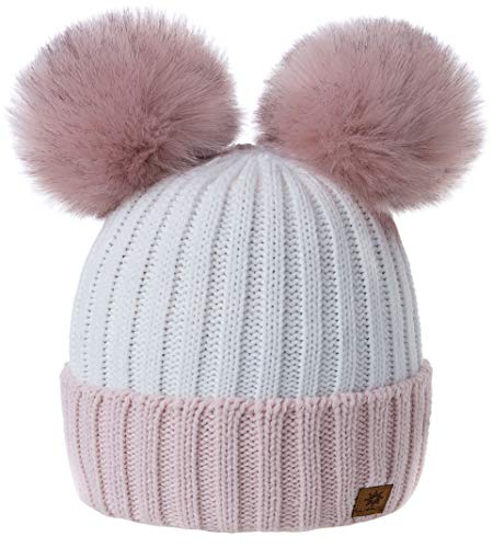 MFAZ Morefaz Ltd Mädchen Winter Beanie Mütze Kinder Groß Pom Pom Style Kids SKI Snowboard (Powder-Pink White) von MFAZ Morefaz Ltd