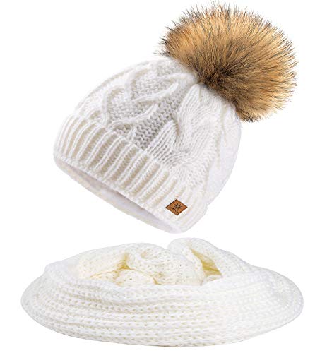 MFAZ Morefaz Ltd Set Mütze & Schal Damen Winter Beanie Wurm Strickmütze Mohair Wolle Flechte Fleece Bommel Pom Pom (Ecru Mütze & Schal) von MFAZ Morefaz Ltd