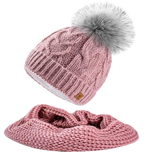 MFAZ Morefaz Ltd Set Mütze & Schal Damen Winter Beanie Wurm Strickmütze Mohair Wolle Flechte Fleece Bommel Pom Pom (Rose Pink Mütze & Schal) von MFAZ Morefaz Ltd