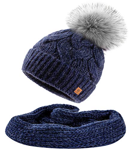 MFAZ Morefaz Ltd Set Mütze & Schal Flechte Damen Winter Beanie Wurm Strickmütze Mohair Wolle Fleece Bommel Pom Pom (Nave Mütze & Schal) von MFAZ Morefaz Ltd