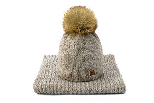 MFAZ Morefaz Ltd Set Mütze & Schal Flechte Damen Winter Beanie Wurm Strickmütze Wolle Fleece Bommel Pom Pom (Petra Beige) von MFAZ Morefaz Ltd