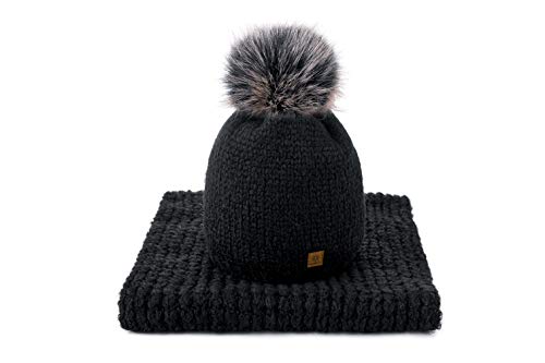 MFAZ Morefaz Ltd Set Mütze & Schal Flechte Damen Winter Beanie Wurm Strickmütze Wolle Fleece Bommel Pom Pom (Petra Black) von MFAZ Morefaz Ltd