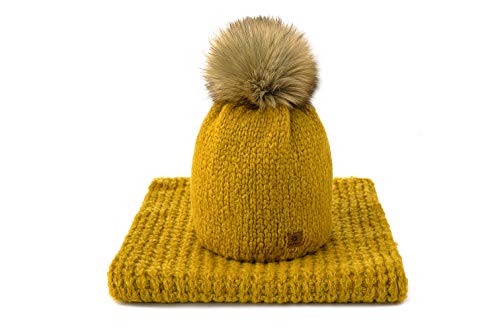 MFAZ Morefaz Ltd Set Mütze & Schal Flechte Damen Winter Beanie Wurm Strickmütze Wolle Fleece Bommel Pom Pom (Petra Mustard) von MFAZ Morefaz Ltd