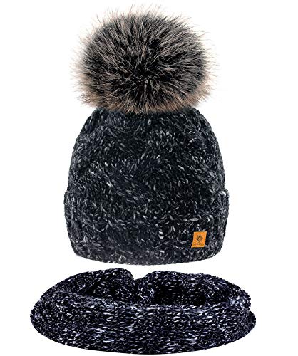 MFAZ Morefaz Ltd Set Mütze & Schal Winter Damen Alpaka Wolle Beanie Strickmütze Wurm Fleece Bommel Pom Pom (Black Set Hat&Scarf) von MFAZ Morefaz Ltd