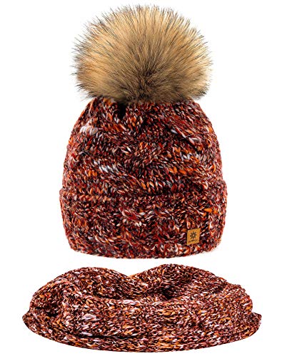 MFAZ Morefaz Ltd Set Mütze & Schal Winter Damen Alpaka Wolle Beanie Strickmütze Wurm Fleece Bommel Pom Pom (Chili Set Hat&Scarf) von MFAZ Morefaz Ltd