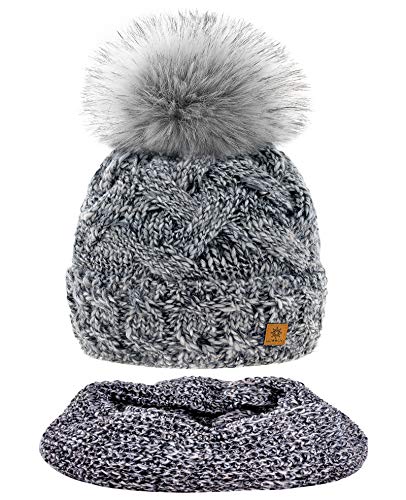 MFAZ Morefaz Ltd Set Mütze & Schal Winter Damen Alpaka Wolle Beanie Strickmütze Wurm Fleece Bommel Pom Pom (Platinum Grey Set Hat&Scarf) von MFAZ Morefaz Ltd