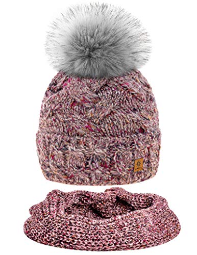 MFAZ Morefaz Ltd Set Mütze & Schal Winter Damen Alpaka Wolle Beanie Strickmütze Wurm Fleece Bommel Pom Pom (Rose Pink Set Hat&Scarf) von MFAZ Morefaz Ltd