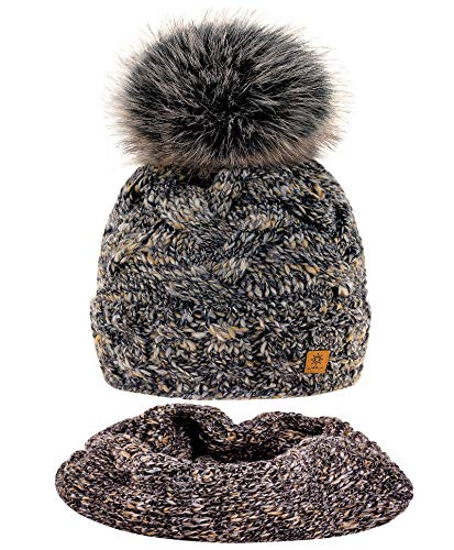 MFAZ Morefaz Ltd Set Mütze & Schal Winter Damen Alpaka Wolle Beanie Strickmütze Wurm Fleece Bommel Pom Pom (Tobacco Set Hat&Scarf) von MFAZ Morefaz Ltd