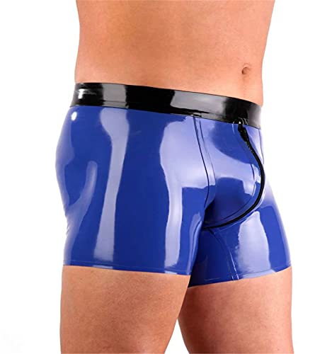 MFMYEE Herren Blauer Reißverschluss handgemachte Nähte Latex Fetisch exotische Herrenunterwäsche Unterwäsche Latex Shorts (L) von MFMYEE