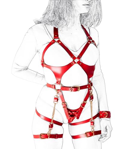 MFMYEE SM Harness Handschellen, Sexuelles Bondage Set, Bondage Body Brustgurt Fetisch Sexy Dessous, Cosplay Paar Sexspielzeuge (Rot) von MFMYEE