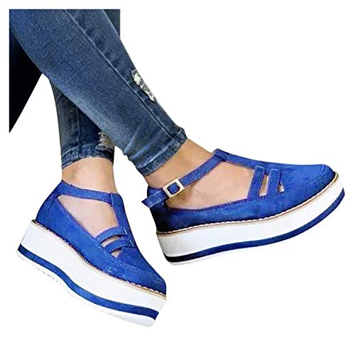 Damen-Flatform-Sandalen, Damen, Sommer, dicker Boden, Keilabsatz, Leder-Sandale, geschlossene Zehen, Schnallenschuhe, Knöchelriemen, Absatz, Vintage-Strand-Espadrilles (Schwarz 42 EU) (Blau 40 EU) von MFYHMY