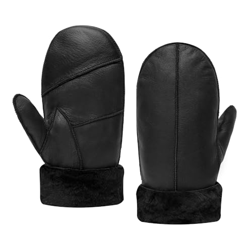 MGGMOKAY Herren Lammfell Shearling Fäustlinge Warme Lederhandschuhe,Schwarz,M von MGGMOKAY