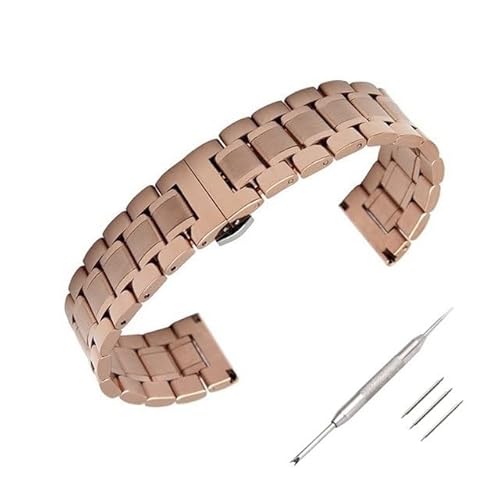 MGHN 12, 14, 16, 18, 19, 20, 21, 22, 24 mm, komplett aus Edelstahl, flaches Kopf-/Winkelstück, Mehrzweck-Uhrenarmband aus Metall mit Butterfly-Schnalle(Color:Rose Gold,Size:12mm) von MGHN