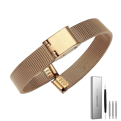 MGHN Edelstahl-Schnalle, Mesh-Gürtel, Uhrenarmband, ultradünnes Stahlarmband, 18 mm, 20 mm, 22 mm, Damenarmband(Color:Rose gold,Size:22mm) von MGHN