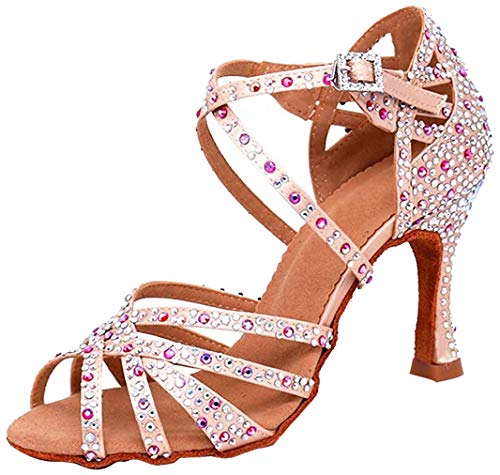 MGM-Joymod Damen Peep Toe Kreuzriemen Strasssteine Social Tango Ballroom Latein Modern Tanzschuhe Hochzeit Party Sandalen, Rosa, 9 cm Absatz, 36.5 EU von MGM-Joymod