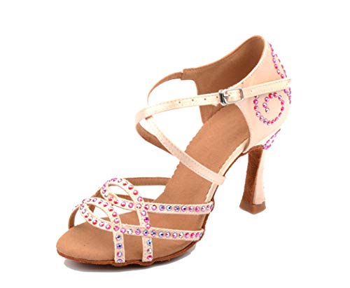 MGM-Joymod Damen-Sandalen mit Kreuzriemen, ausgestellter Absatz, Kristalle, Salsa, Tango, Latein-Tanzschuhe, Hochzeit, Praty Sandalen, Satin-Rosa, 9 cm Absatz, 36 EU von MGM-Joymod