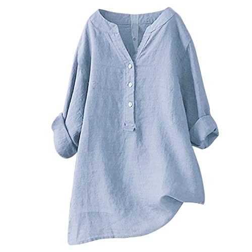 Leinenbluse Damen Sommer V-Ausschnitt Baumwolle Hemdbluse Longbluse Große Größen Musselin Bluse Tunika Tops Leinen Weiße Einfarbig Langarmshirt Elegant Boho Hemd Shirt, Blusen & Tuniken für Damen von MGSFGlk