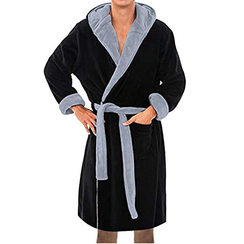 MGSFGlk Bademantel Herren Hausmantel Warm V-Ausschnitt Saunamantel Langarm Einfarbig Kapuzenbademantel Kuschelfleece Bathrobe Flauschig Elegant Pyjamas Schärpen Lang Loungewear Langes Sauna von MGSFGlk