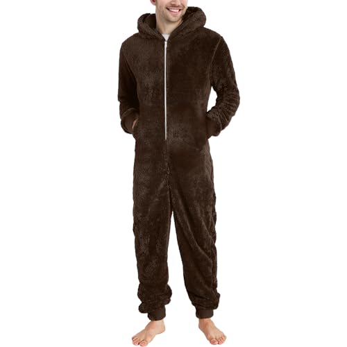 MGSFGlk Jumpsuit Herren Kuschelig Fleece Einteiler Fluffy Winter Onesie Kuschelanzug Lang Elegant Pyjama Overall Bequem Große Größe Kuschel Jumpsuit Gemütlich mit Kapuze Schlafanzug Strampler von MGSFGlk