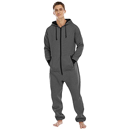 Pyjamas Jumpsuit Herren Schlafoverall Einfarbig Nachthemd Langarm Einteiler Mit Langen Ärmeln Kuschelig Strampler Mit Kapuze Hooded Flauschig Jumpsuit Overall Einteiler Sleepwear Freizeit Cosplay von MGSFGlk