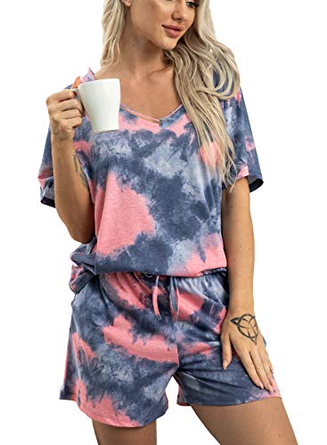 MIA LUCCE Schlafanzug Damen Kurz-Nachtwäsche fur Frauen-Kurzer Pyjama S-2XL(Schwarzer Stern,X-Large) von MIA LUCCE