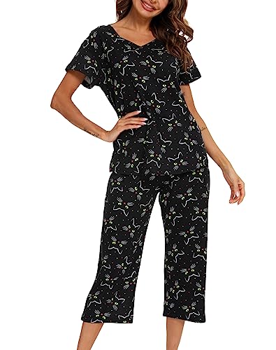 MIA LUCCE Schlafanzug Damen-Kurzarm Top und 3/4 Lange Hose Zweiteiler Pyjama Set(3X-Large,Schwarze Katze) von MIA LUCCE