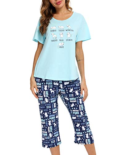 MIA LUCCE Schlafanzug Damen-Kurzarm Top und 3/4 Lange Hose Zweiteiler Pyjama Set(Medium,Blaue Katze) von MIA LUCCE