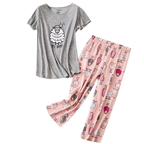 MIA LUCCE Schlafanzug Damen-Kurzarm Top und 3/4 Lange Hose Zweiteiler Pyjama Set(X-Large,graue Schafe) von MIA LUCCE