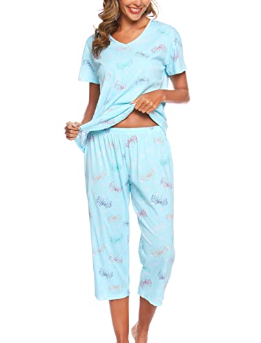 MIA LUCCE Schlafanzug Damen-Kurzarm Top und 3/4 Lange Hose Zweiteiler Pyjama Set(XX-Large,Schmetterling) von MIA LUCCE