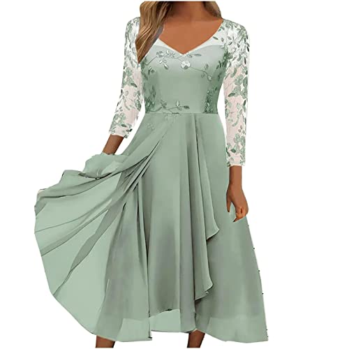 Abend Kleider Lange Hochzeit,Festliche Kleider Für Damen Kleider Festlich Damen Hochzeit Festliche Abendkleider Damen Kleid Chiffon Elegante Spitze Patchwork Cut-Out Langarm Brautjungfer (7-Grün,M) von MICKURY