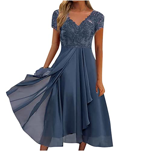 Abendkleid Mit Schlitz,Kleid Damen Elegant Abendkleid Damen Spitze Abendkleider Dress Damen Kleid Chiffon Elegante Spitze Patchwork Ausschnitt Langes Brautjungfer Abendkleid Damen (Blau-2,XXL) von MICKURY