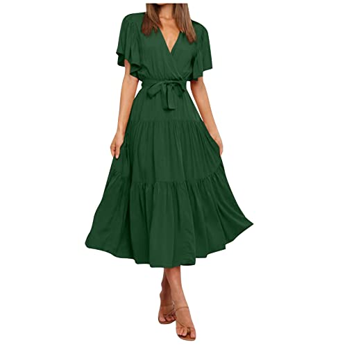 Abendkleider ße Größ,Kleider Damen Mit Petticoat Abend Kleider Elegant Knielang Damen Sommer Casual V-Ausschnitt Solide Farbe Kurzarm Hals Taille Lang Boho Kleid Kurze Rö Damen Sommer(1-Grün,M) von MICKURY