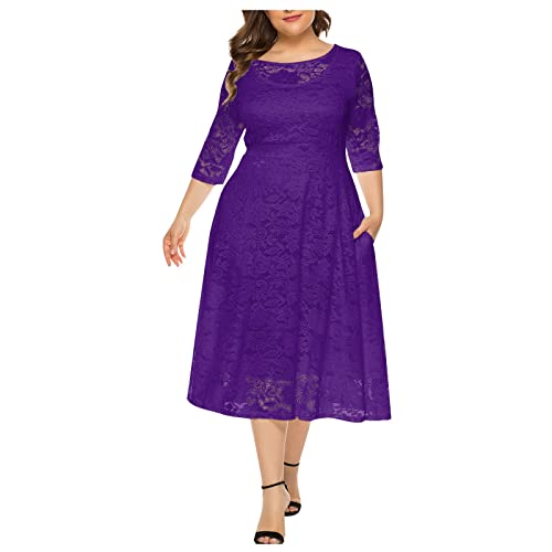 Italienische Kleider Tüll Rock Schwarzes Minikleid Türkische Kleider Umstandsmode Rock Damen Temperament Dreiviertel Ärmel Spitze Casual Solid Color O Neck Plus Size Kleid A-Violett XXL von MICKURY