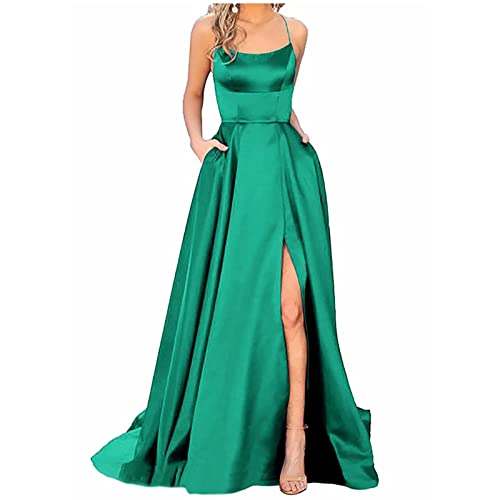 Kleider Hochzeitsgast Damen, 1920 Kleider Damen Sexy Feen Damen Lange Ballkleider Elegant Neckholder Rückenfrei Kleider A-Linie Criss-Cross Satin Spaghetti Strap Party Ballkleid (Grün,S) von MICKURY