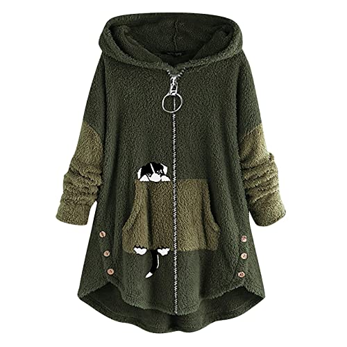 MICKURY Longpullover Damen Hoodie Damenblau Strick Cardigan Batik Pullover Rollkragenpullover Damen Herbst Und Winter Lässige Einfarbige Plüsch Warme Kapuzenjacke In Übergröße Grün-B 5XL von MICKURY