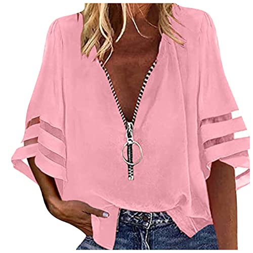 los Angeles Pullover Damen asymmetrischer EIN t-Shirt Langarm t Shirts männer v Ausschnitt Shirt Bolero weiß Hochzeit mainzelmännchen t-Shirt Pullover Damen v Ausschnitt holl(1-Rosa,XXL) von MICKURY