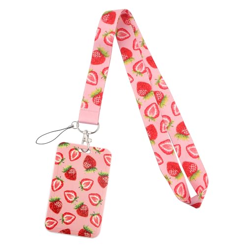 MIEDEON Id -kartenabdeckung 2 Pcs Buskarten Kartenhalter mit Lanyard Busskartenschutz Kreative Kartenhüllen Cartoon Obstmotiv (Rosa,4.3X2.7In) von MIEDEON