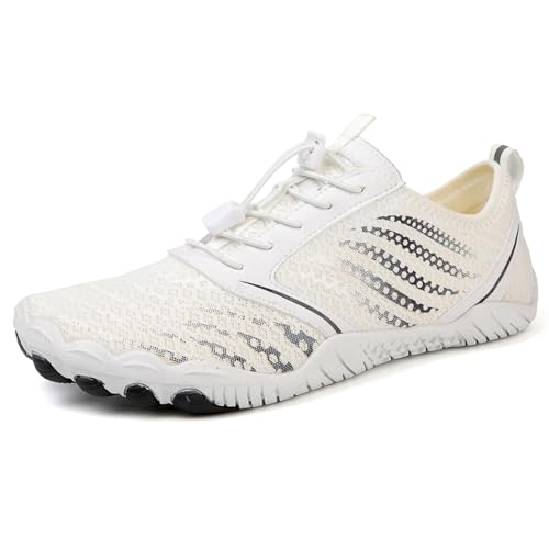 MIEHUIAI Barfußschuhe Damen Herren Badeschuhe Wasserschuhe Sommer Strandschuhe Aquaschuhe Surfschuhe Schwimmschuhe rutschfest Fitnessschuhe Zehenschuhe Schnell Trocknend(Weiß,Größe 40) von MIEHUIAI