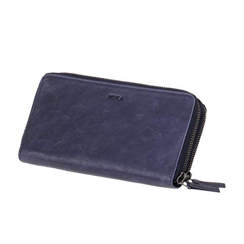 MIKA 42173 - Damengeldbörse aus Echt Leder, Portemonnaie im Querformat, Geldbeutel mit 9 Kartenfächer, 2 Scheinfächer und Münzfach mit Reißverschluss, Brieftasche in Navy, ca. 19,5 x 10,5 x 3 cm von MIKA