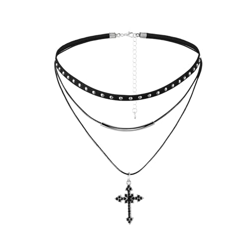 MILAKOO Anhänger Halskette für Frauen Dreifach Halskette 16'' Länge Punk Gothic Choker mit einzigartigem Anhänger (Black Cross) von MILAKOO