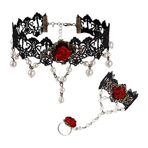 MILAKOO Gothic Choker Schwarz Spitze Halskette mit Rose Armband mit Ring Set Victorian Halskette von MILAKOO