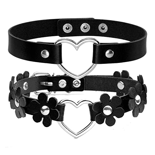 MILAKOO Gothic PU Leder Punk Choker Herz Ring Blume Halskette für Frauen 2PCS，Schwarz von MILAKOO