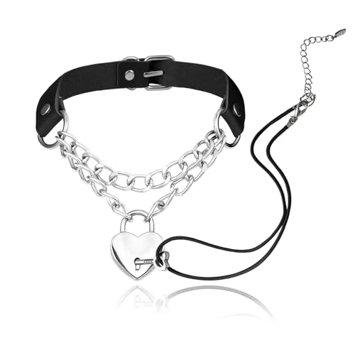 MILAKOO Schloss und Schlüssel Choker Vorhängeschloss Halskette PU Leder Punk Choker Herz Charm Verstellbare Kragen Halskette für Frauen von MILAKOO