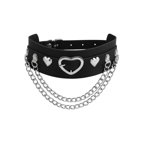 MILAKOO schwarzer PU Lederhalsband mit Herz und Doppelkette Halskette Gothic Choker Lederband einstellbar von MILAKOO