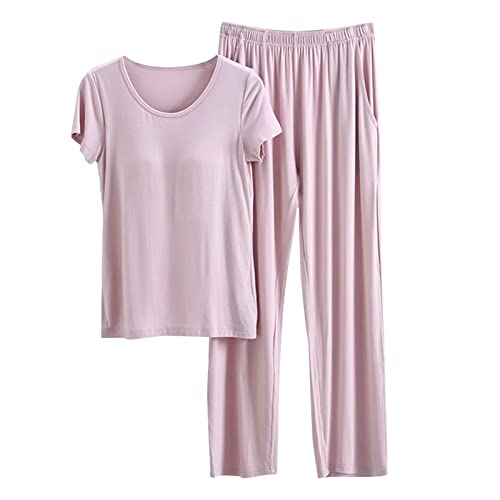 Damen Schlafanzug 3/4 Hose Caprihose Kurzarm T-Shirt Sommer Sleepshirt Schlafanzug Damen Kurz Capri Pyjama Set Kurzarm Top Mit 3/4 Lang Schlafhose Zweiteiliger Nachtwäsche von MILAX