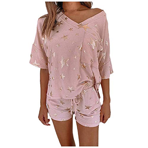 MILAX Damen Schlafanzug Sommer Zweiteiliger Kurzarm Kurz 2 Teiler Hausanzug Freizeitanzu Pyjama Set Nachtwäsche Hausanzug Sleepwear Zweiteiler Damen Freizeit Set von MILAX