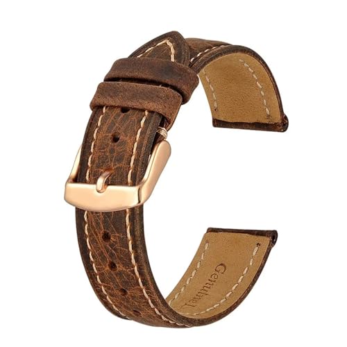 MILNBJK Jeniko Crazy Horse Leder-Uhrenarmband, 18 Mm, 20 Mm, 21 Mm, 22 Mm, 24 Mm, Ersatzgürtel, Roségold-Schnallenband For Herren-Uhrenarmbänder(Color:Brown(Beige Line),Size:18mm) von MILNBJK