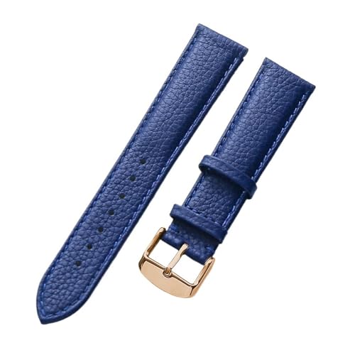 MILNBJK Jeniko Echtes Lederarmband Damen Weiches Leder Lychee Grain Rindsleder Uhrenarmband Herren Wasserdicht 14 16 18 Mm Uhrenkettenzubehör (Color : Blue rose buckle, Size : 14mm) von MILNBJK