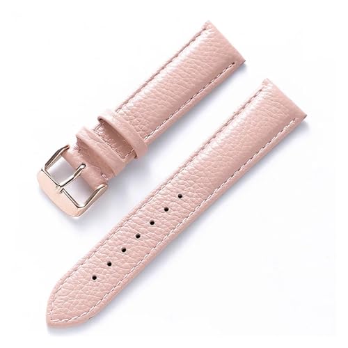 MILNBJK Jeniko Echtes Lederarmband Damen Weiches Leder Lychee Grain Rindsleder Uhrenarmband Herren Wasserdicht 14 16 18 Mm Uhrenkettenzubehör (Color : Pink rose buckle, Size : 16mm) von MILNBJK