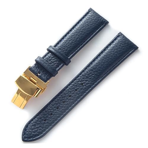 MILNBJK Jeniko Lederarmband Litchi Grain Leder Butterfly-Schnalle 14 16 18 20 22 Mm Armband Schwarz Braun Blau Uhrenzubehör (Color : Royal blue gold, Size : 14mm) von MILNBJK